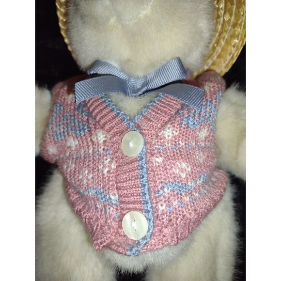 Plush Stuffed Jointed Easter Bunny Rabbit with Pink Blue Sweater and Straw Hat - Picture 3 of 6